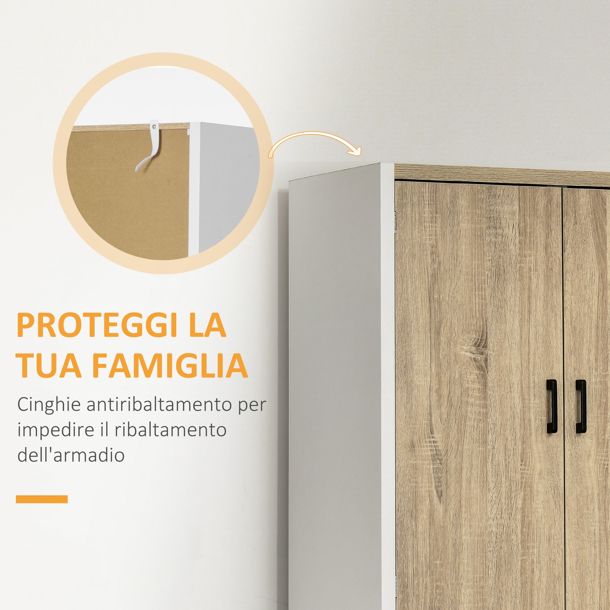 Kitchen Pantry Cabinet with 4 Adjustable Shelves, MDF Kitchen Pantry Cabinet, 4 Doors and Anti-Tipping Device, 80x40x182cm, Natural Wood and White