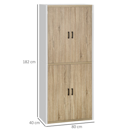 Kitchen Pantry Cabinet with 4 Adjustable Shelves, MDF Kitchen Pantry Cabinet, 4 Doors and Anti-Tipping Device, 80x40x182cm, Natural Wood and White