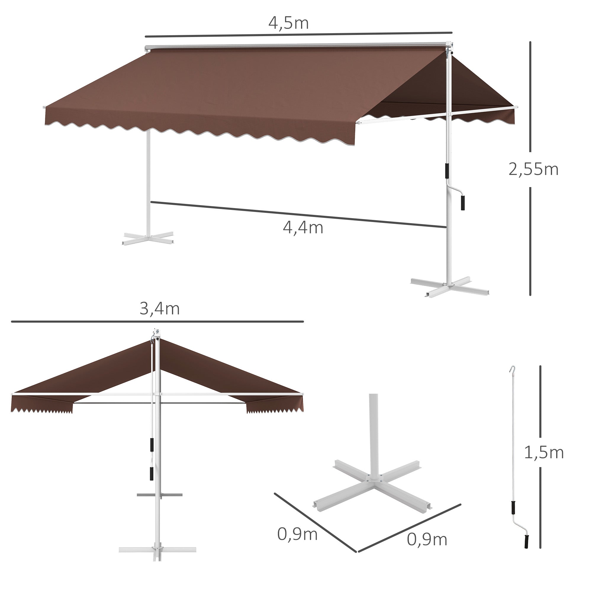 Freestanding Awning Awning 4.5 x 3.4m Patio Cover Garden Awning with Folding Arm Crank Terrace Brown Aluminum Metal