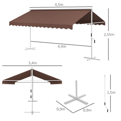 Freestanding Awning Awning 4.5 x 3.4m Patio Cover Garden Awning with Folding Arm Crank Terrace Brown Aluminum Metal
