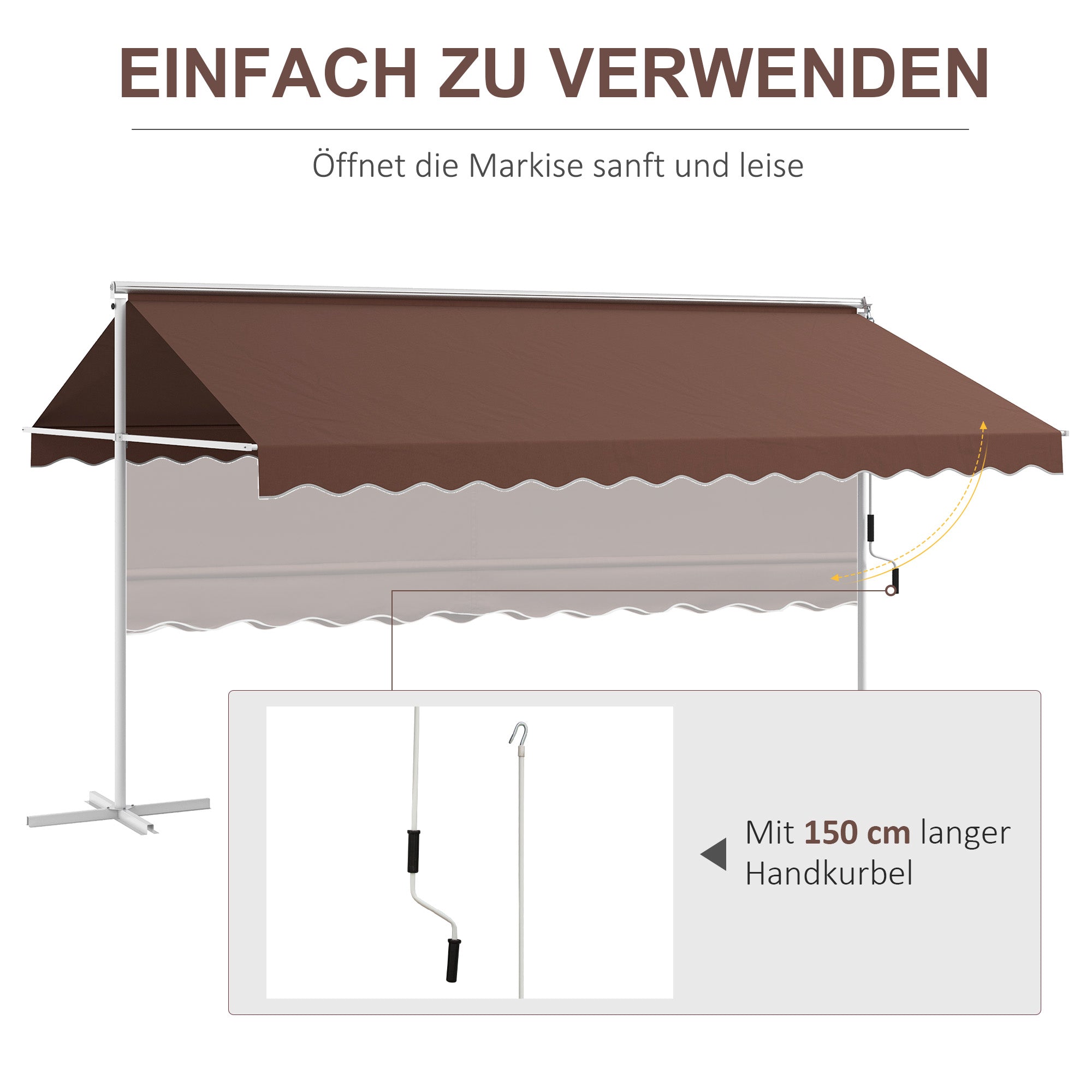 Freestanding Awning Awning 4.5 x 3.4m Patio Cover Garden Awning with Folding Arm Crank Terrace Brown Aluminum Metal