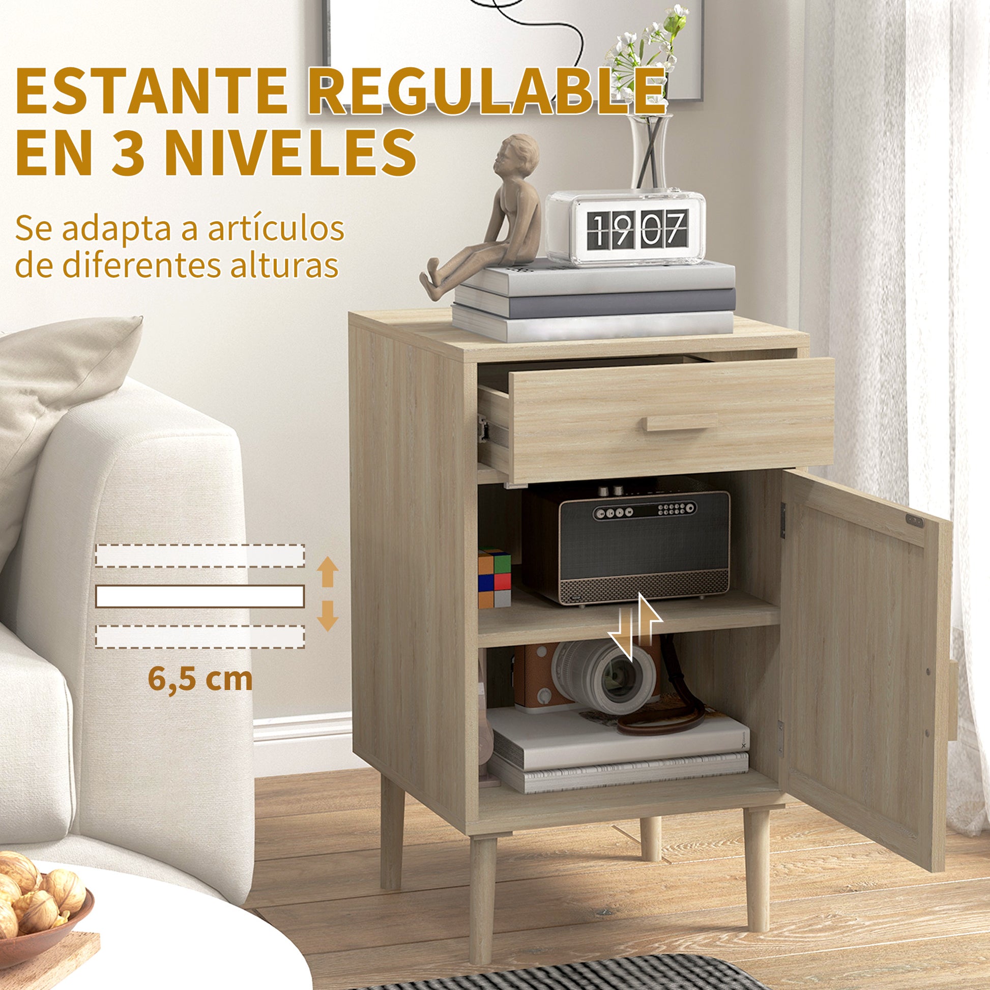 Set of 2 Bedside Tables Nightstands Bedside Tables with Rattan Drawer and Adjustable Shelf for Bedroom Living Room 40x40x68.5 cm Oak