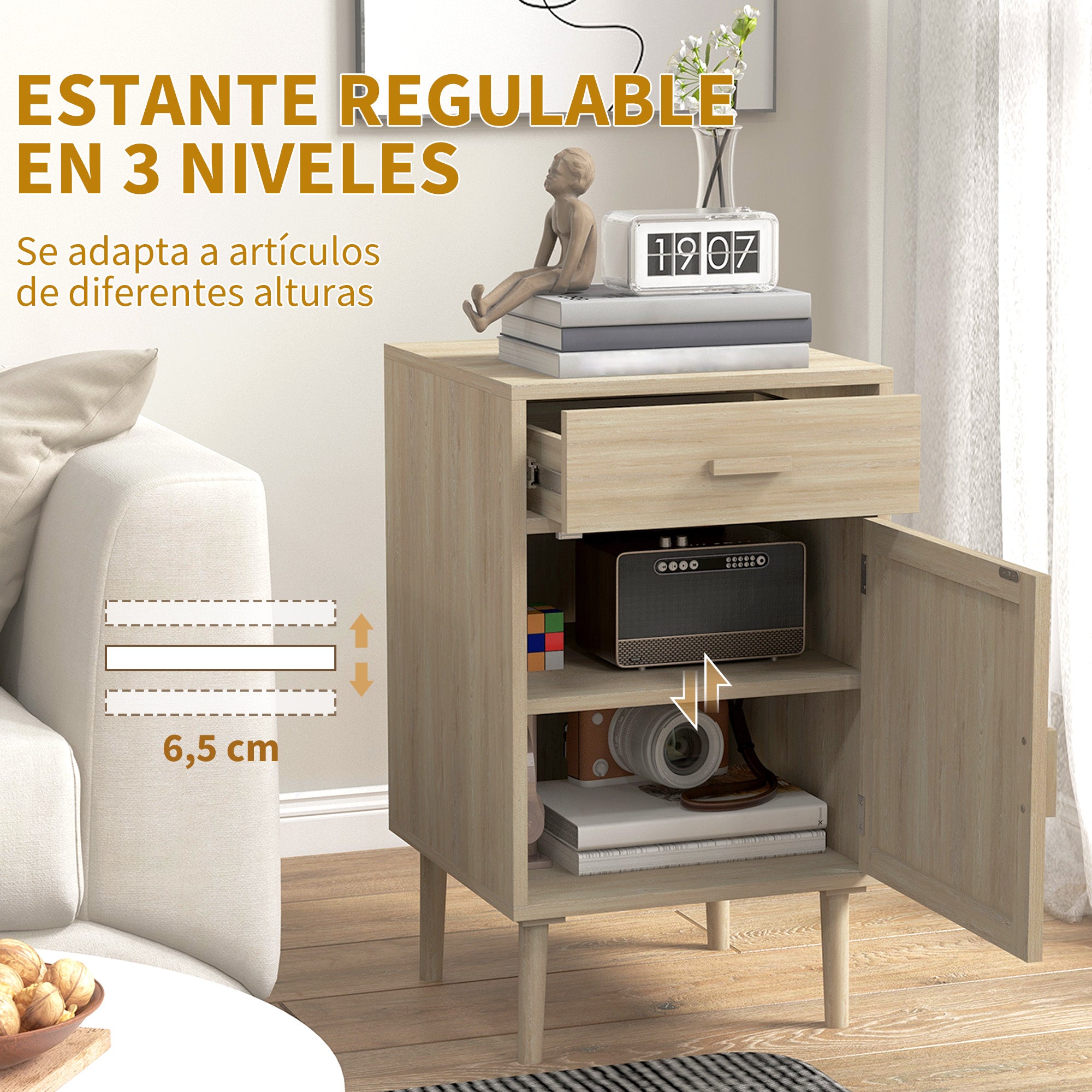 Set of 2 Bedside Tables Nightstands Bedside Tables with Rattan Drawer and Adjustable Shelf for Bedroom Living Room 40x40x68.5 cm Oak