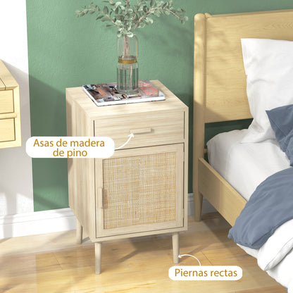 Set of 2 Bedside Tables Nightstands Bedside Tables with Rattan Drawer and Adjustable Shelf for Bedroom Living Room 40x40x68.5 cm Oak