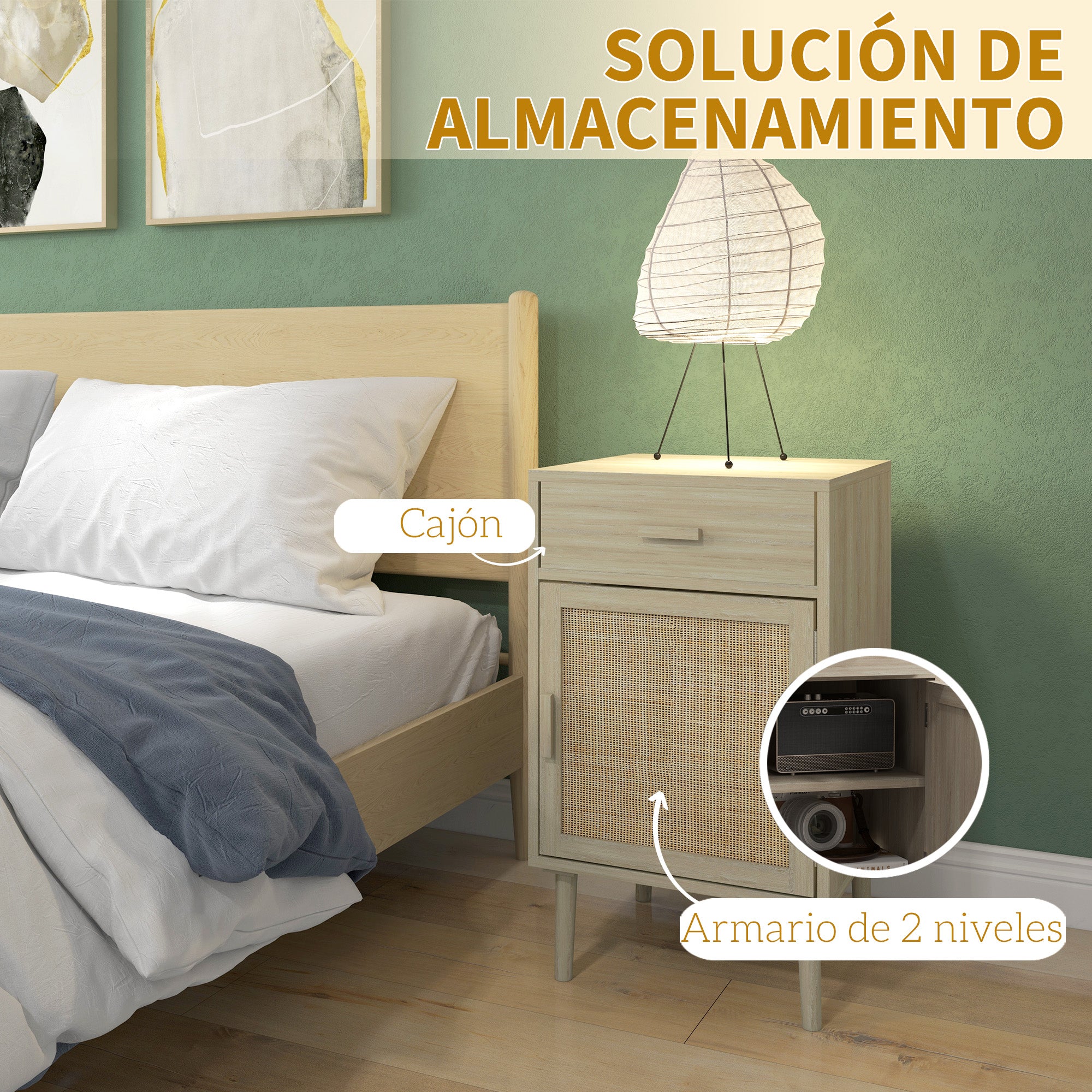Set of 2 Bedside Tables Nightstands Bedside Tables with Rattan Drawer and Adjustable Shelf for Bedroom Living Room 40x40x68.5 cm Oak
