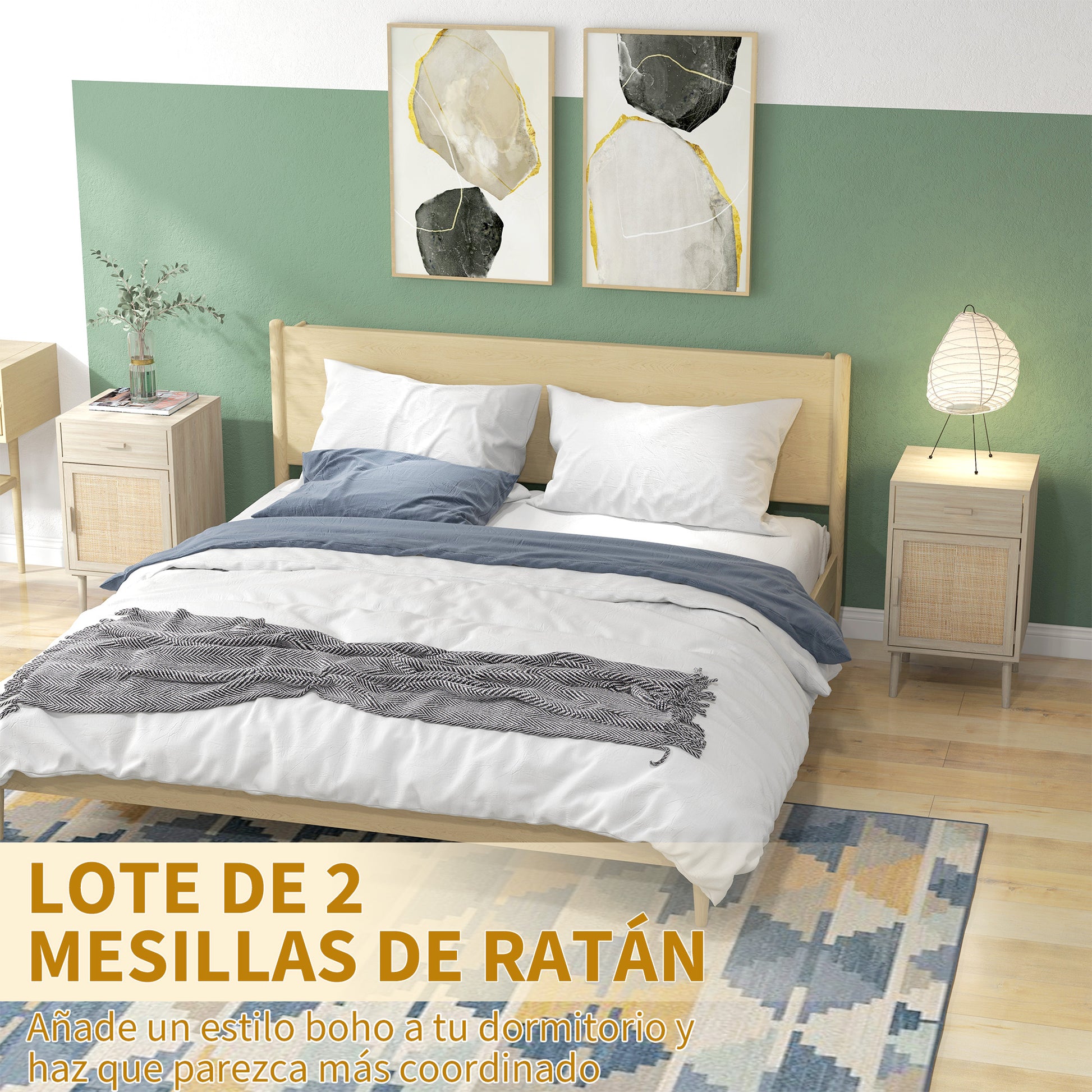 Set of 2 Bedside Tables Nightstands Bedside Tables with Rattan Drawer and Adjustable Shelf for Bedroom Living Room 40x40x68.5 cm Oak