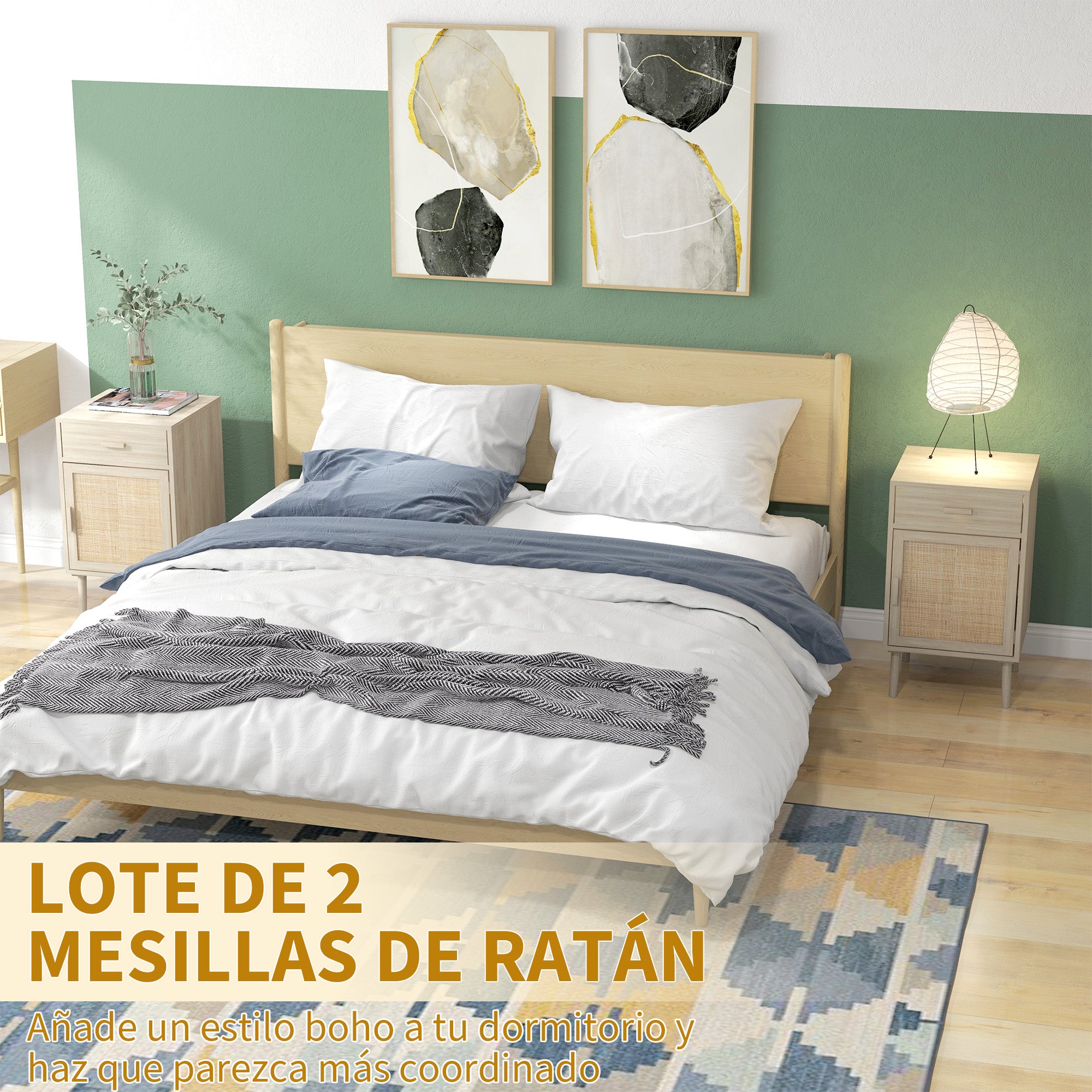 Set of 2 Bedside Tables Nightstands Bedside Tables with Rattan Drawer and Adjustable Shelf for Bedroom Living Room 40x40x68.5 cm Oak