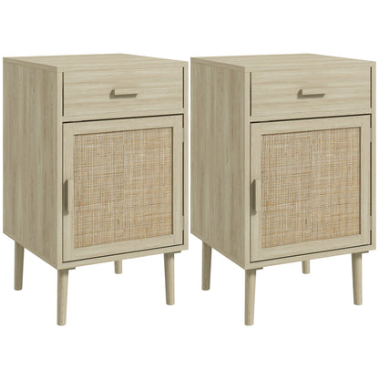 Set of 2 Bedside Tables Nightstands Bedside Tables with Rattan Drawer and Adjustable Shelf for Bedroom Living Room 40x40x68.5 cm Oak