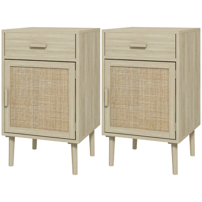 Set of 2 Bedside Tables Nightstands Bedside Tables with Rattan Drawer and Adjustable Shelf for Bedroom Living Room 40x40x68.5 cm Oak