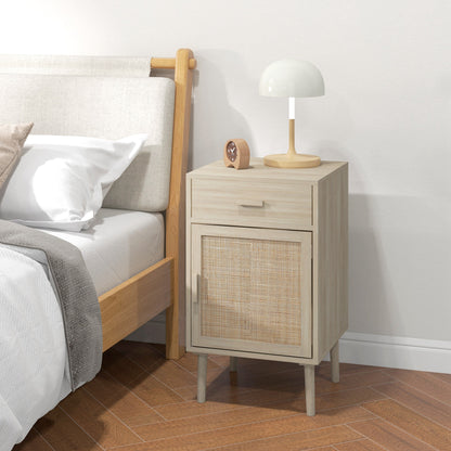Set of 2 Bedside Tables Nightstands Bedside Tables with Rattan Drawer and Adjustable Shelf for Bedroom Living Room 40x40x68.5 cm Oak