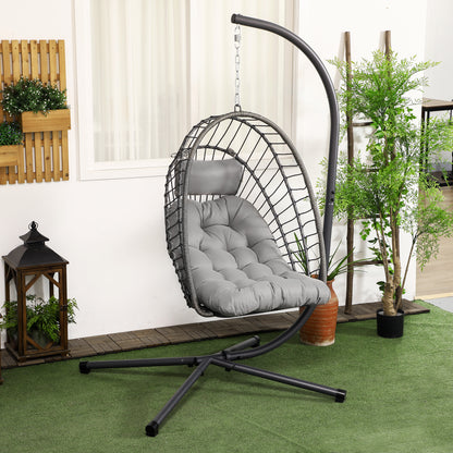 Rattan Hanging Chair Swing Basket Height 194 cm Indoor Outdoor including Stand, Foldable Hanging Basket, Cushion, for Patio, Garden up to 100 kg, Light Gray