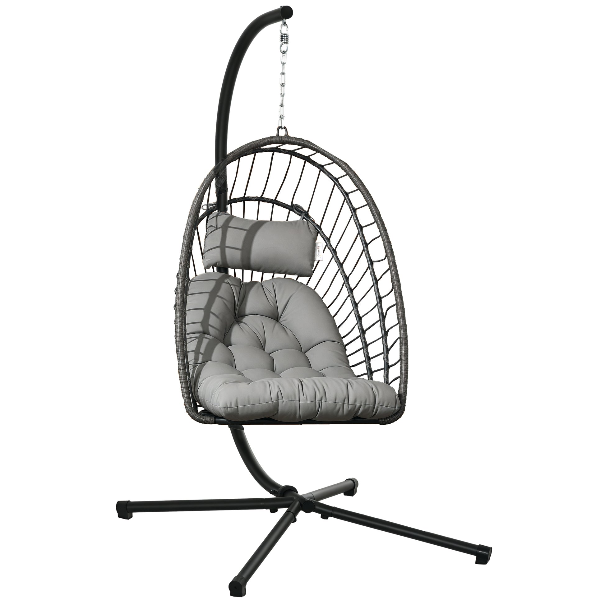Rattan Hanging Chair Swing Basket Height 194 cm Indoor Outdoor including Stand, Foldable Hanging Basket, Cushion, for Patio, Garden up to 100 kg, Light Gray