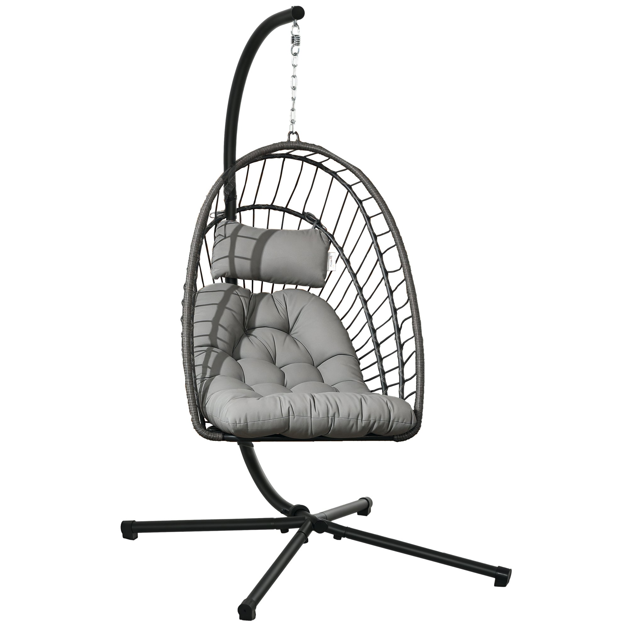 Rattan Hanging Chair Swing Basket Height 194 cm Indoor Outdoor including Stand, Foldable Hanging Basket, Cushion, for Patio, Garden up to 100 kg, Light Gray