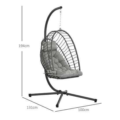 Rattan Hanging Chair Swing Basket Height 194 cm Indoor Outdoor including Stand, Foldable Hanging Basket, Cushion, for Patio, Garden up to 100 kg, Light Gray