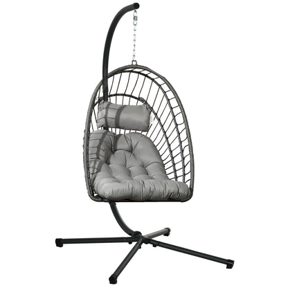 Rattan Hanging Chair Swing Basket Height 194 cm Indoor Outdoor including Stand, Foldable Hanging Basket, Cushion, for Patio, Garden up to 100 kg, Light Gray