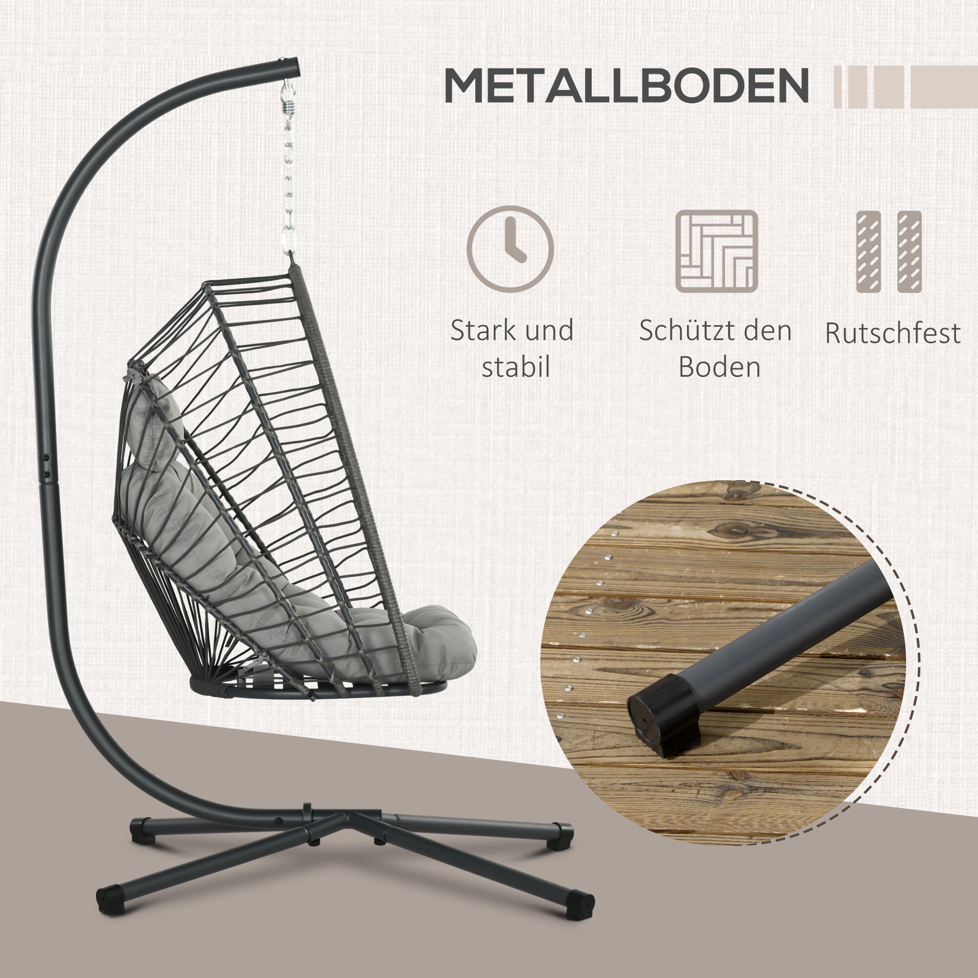 Rattan Hanging Chair Swing Basket Height 194 cm Indoor Outdoor including Stand, Foldable Hanging Basket, Cushion, for Patio, Garden up to 100 kg, Light Gray