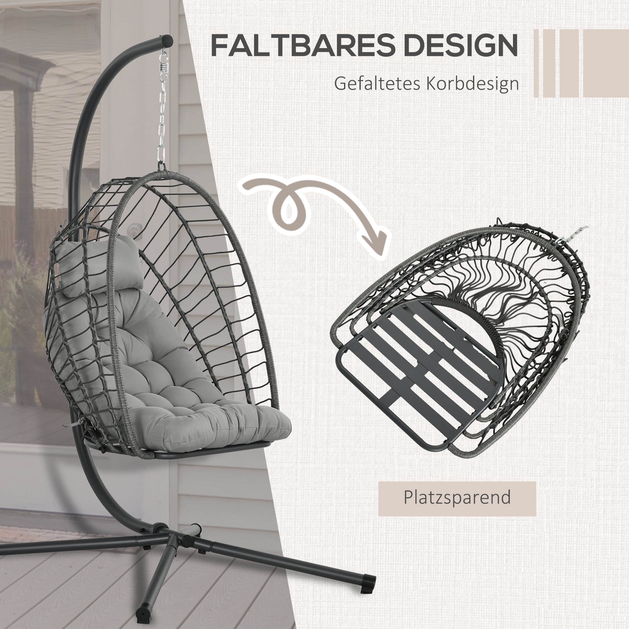 Rattan Hanging Chair Swing Basket Height 194 cm Indoor Outdoor including Stand, Foldable Hanging Basket, Cushion, for Patio, Garden up to 100 kg, Light Gray
