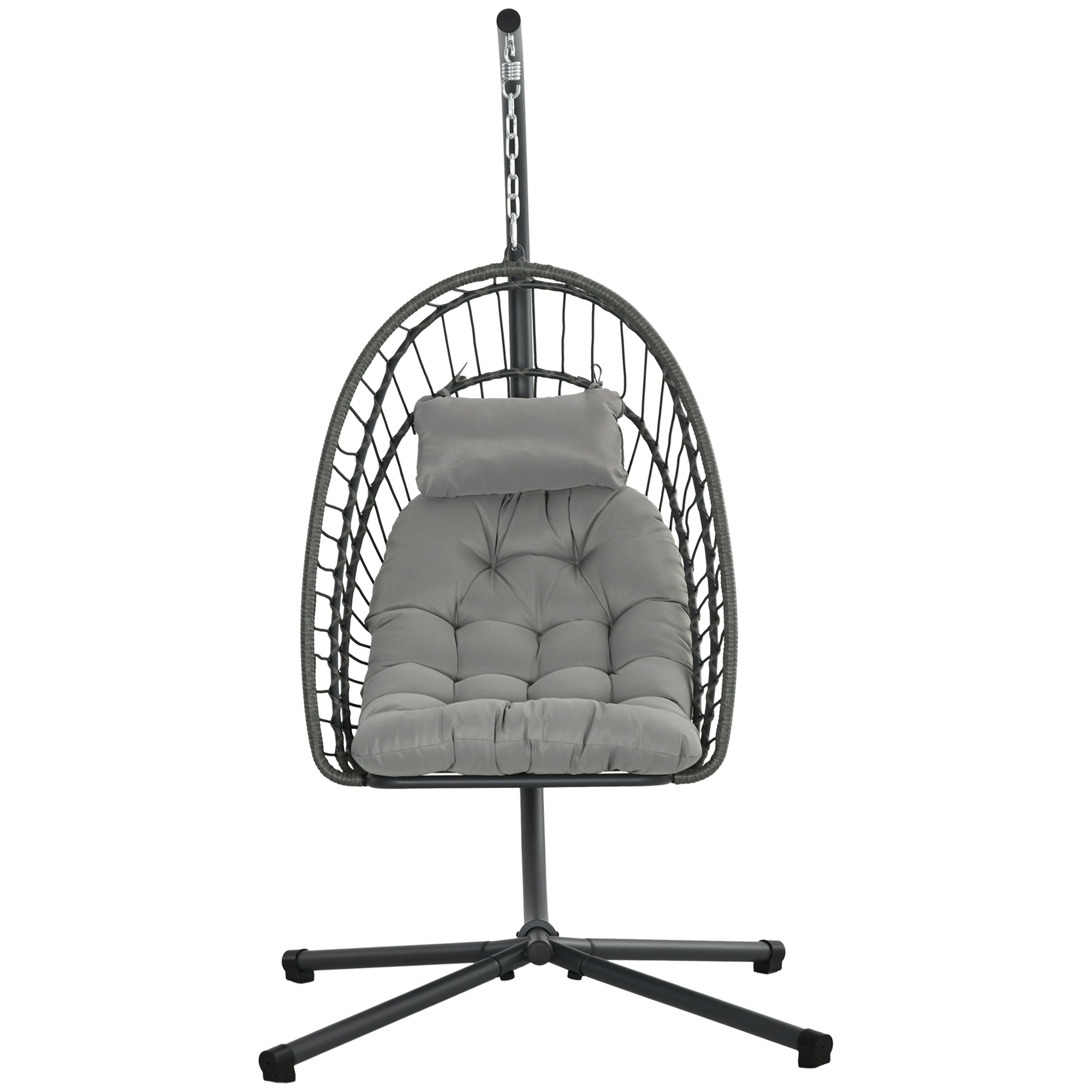 Rattan Hanging Chair Swing Basket Height 194 cm Indoor Outdoor including Stand, Foldable Hanging Basket, Cushion, for Patio, Garden up to 100 kg, Light Gray