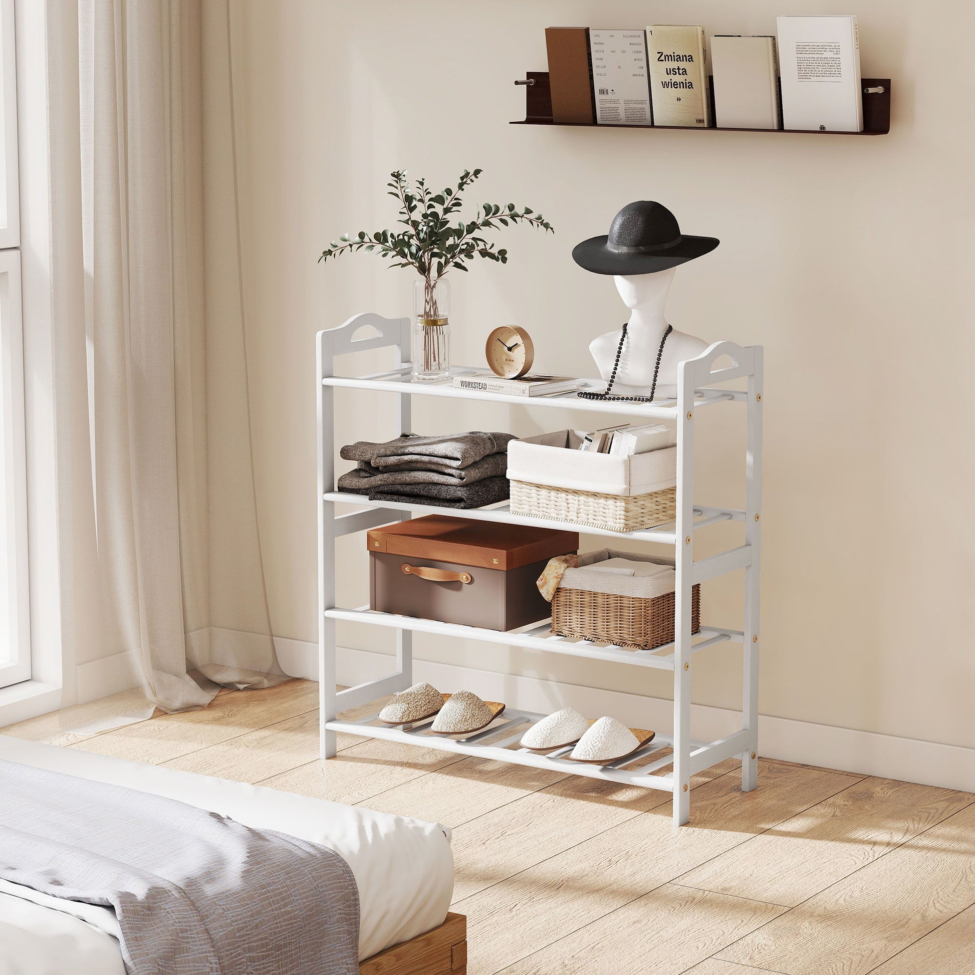 4-Level Bamboo Shoe Rack Shoe Shelf for 12 Pairs of Shoes for Entryway Hallway Bedroom 67.5x24.7x72 cm White