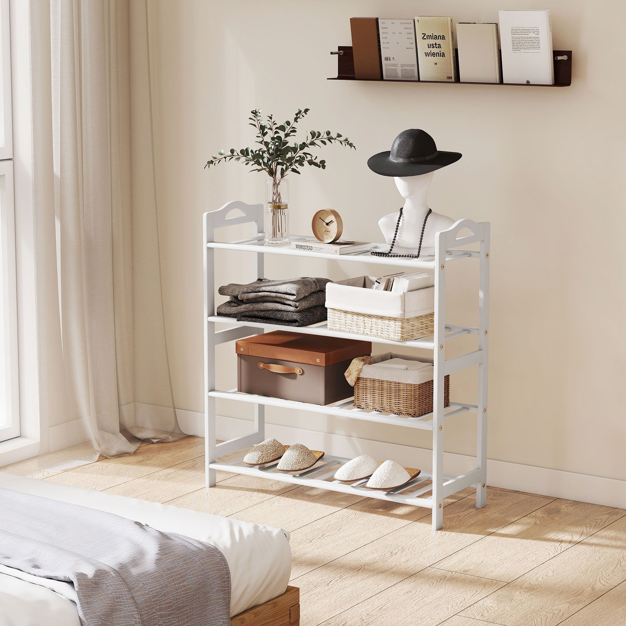 4-Level Bamboo Shoe Rack Shoe Shelf for 12 Pairs of Shoes for Entryway Hallway Bedroom 67.5x24.7x72 cm White