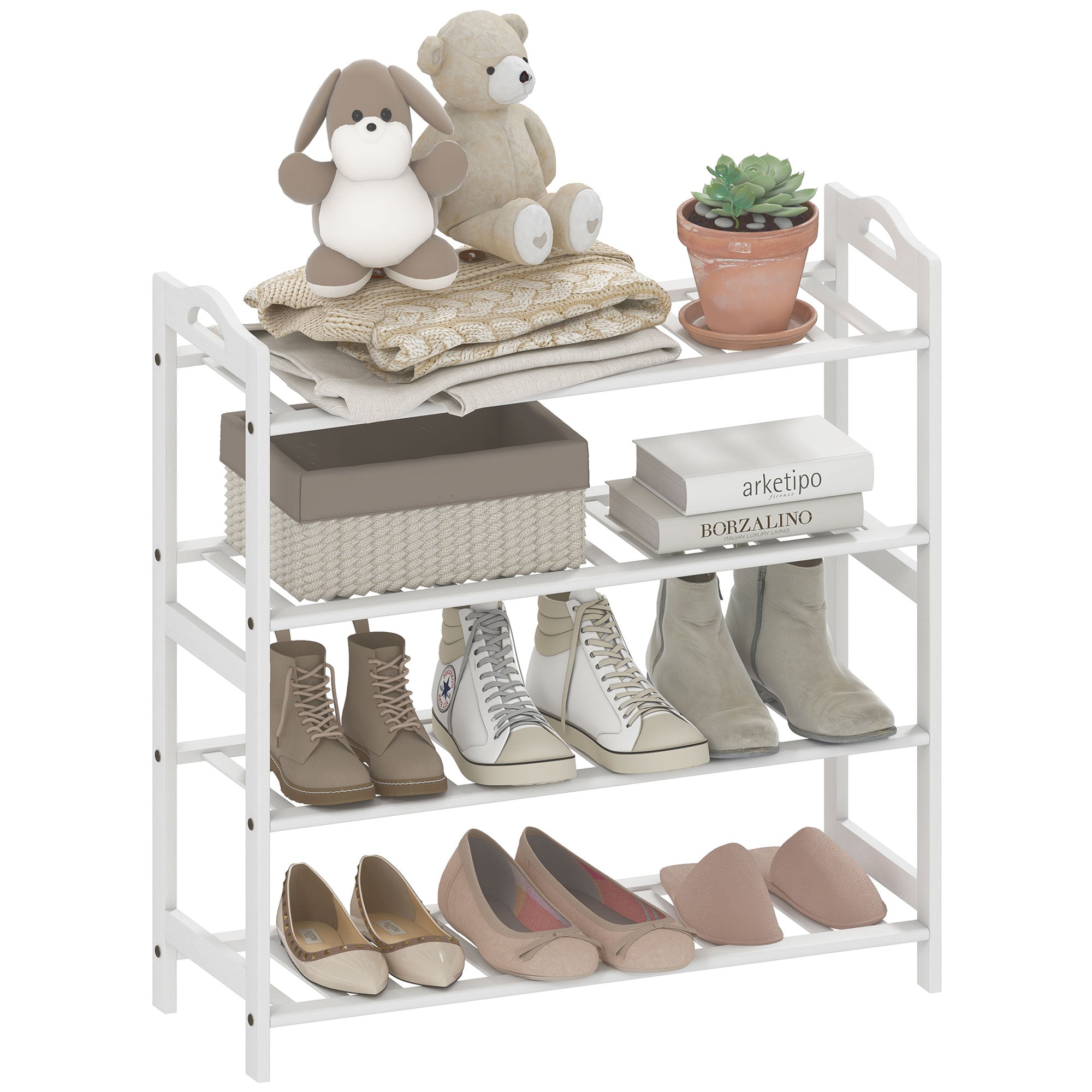 4-Level Bamboo Shoe Rack Shoe Shelf for 12 Pairs of Shoes for Entryway Hallway Bedroom 67.5x24.7x72 cm White