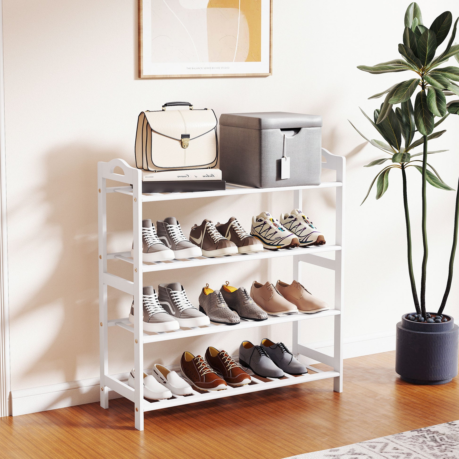 4-Level Bamboo Shoe Rack Shoe Shelf for 12 Pairs of Shoes for Entryway Hallway Bedroom 67.5x24.7x72 cm White