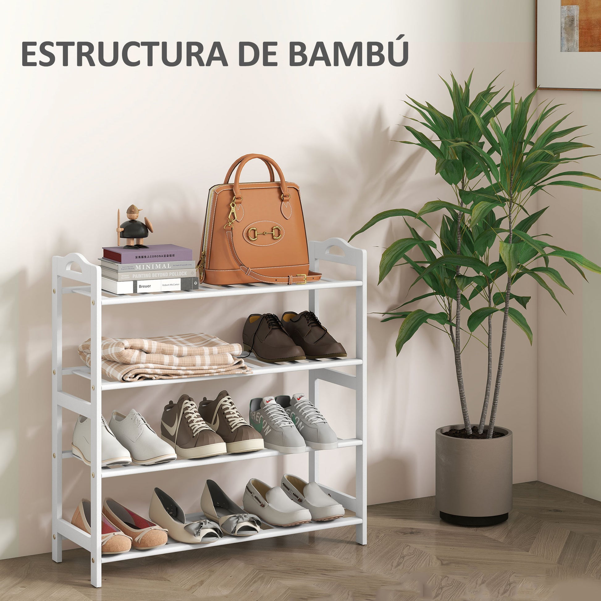 4-Level Bamboo Shoe Rack Shoe Shelf for 12 Pairs of Shoes for Entryway Hallway Bedroom 67.5x24.7x72 cm White