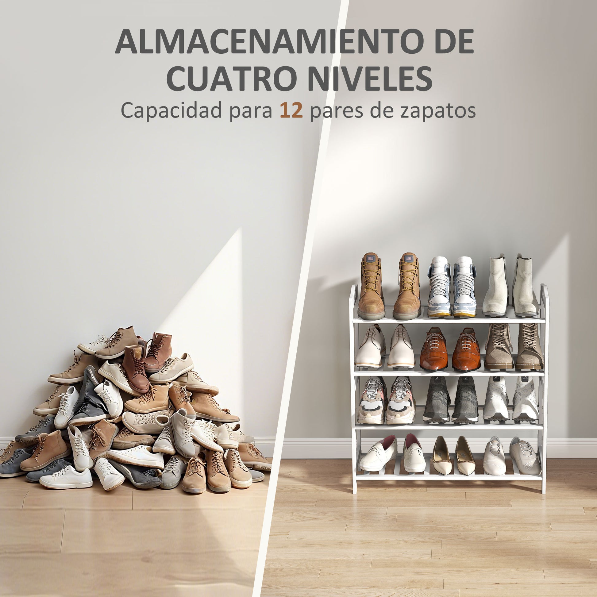 4-Level Bamboo Shoe Rack Shoe Shelf for 12 Pairs of Shoes for Entryway Hallway Bedroom 67.5x24.7x72 cm White