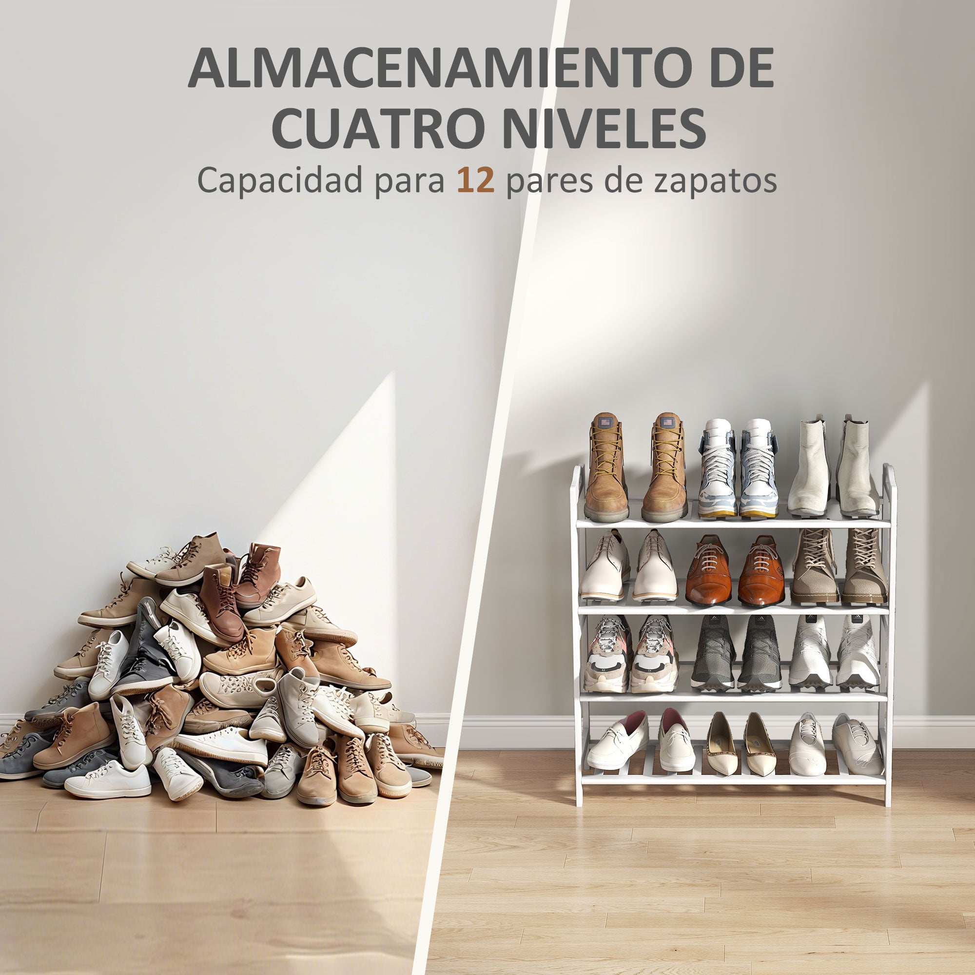 4-Level Bamboo Shoe Rack Shoe Shelf for 12 Pairs of Shoes for Entryway Hallway Bedroom 67.5x24.7x72 cm White