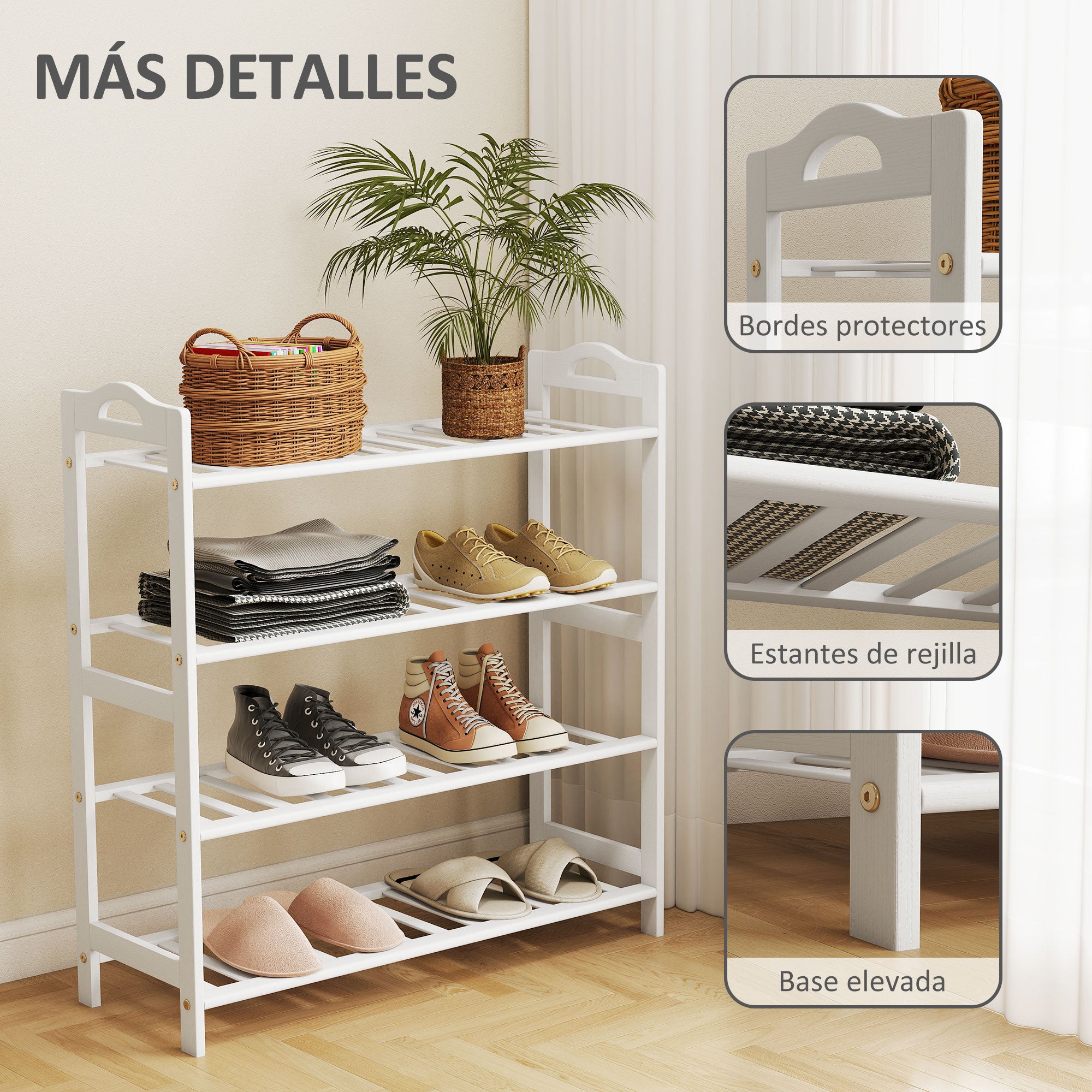 4-Level Bamboo Shoe Rack Shoe Shelf for 12 Pairs of Shoes for Entryway Hallway Bedroom 67.5x24.7x72 cm White