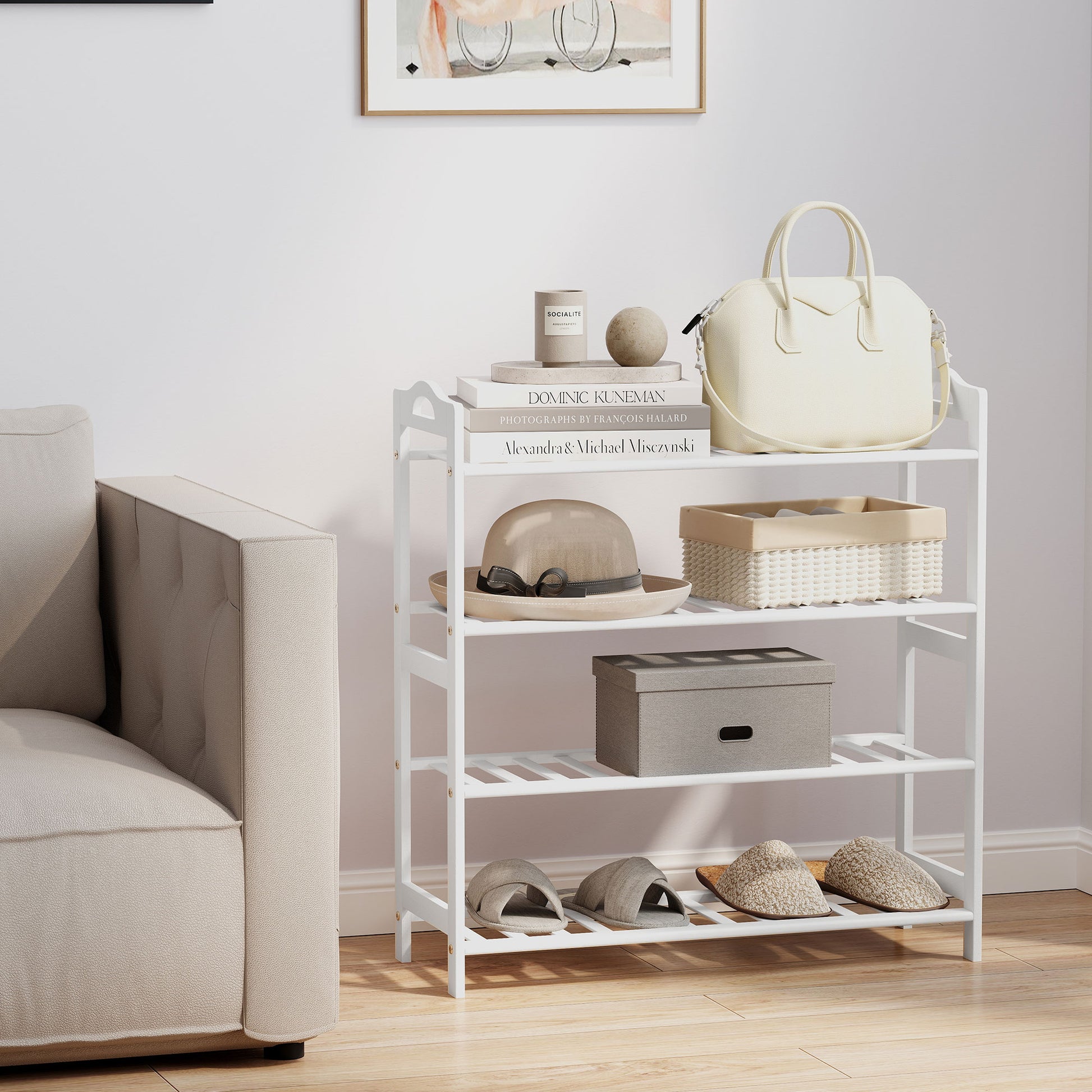 4-Level Bamboo Shoe Rack Shoe Shelf for 12 Pairs of Shoes for Entryway Hallway Bedroom 67.5x24.7x72 cm White
