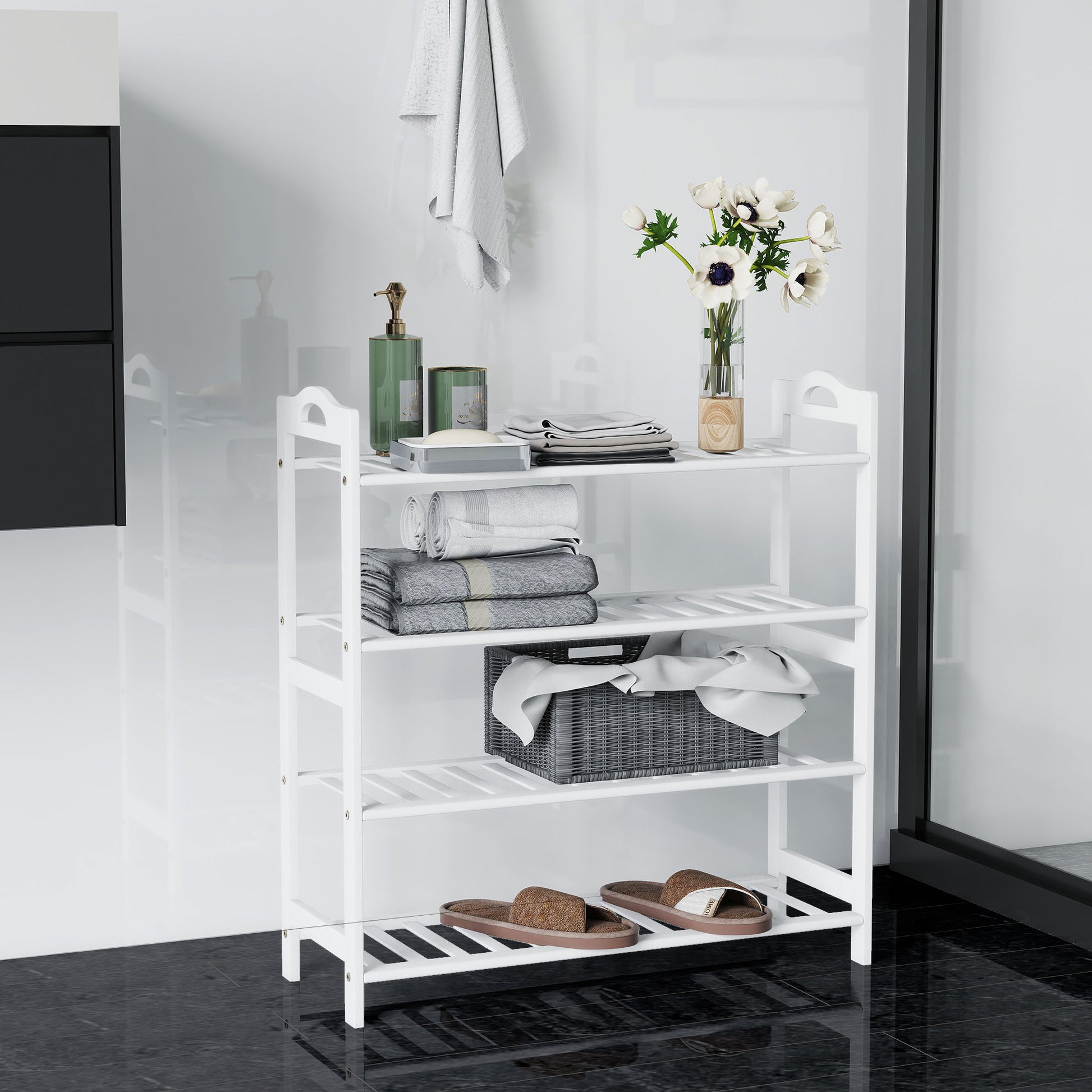 4-Level Bamboo Shoe Rack Shoe Shelf for 12 Pairs of Shoes for Entryway Hallway Bedroom 67.5x24.7x72 cm White