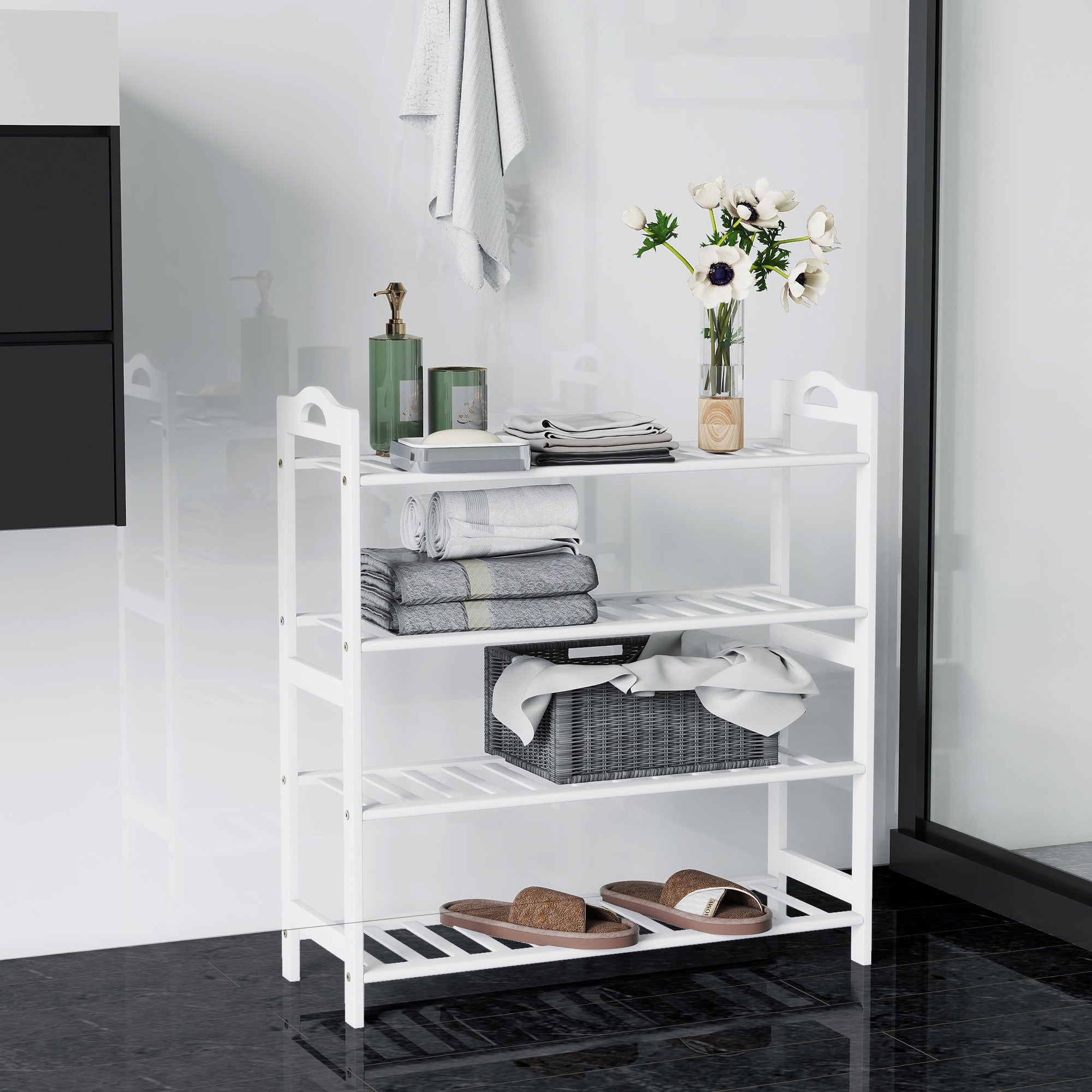 4-Level Bamboo Shoe Rack Shoe Shelf for 12 Pairs of Shoes for Entryway Hallway Bedroom 67.5x24.7x72 cm White