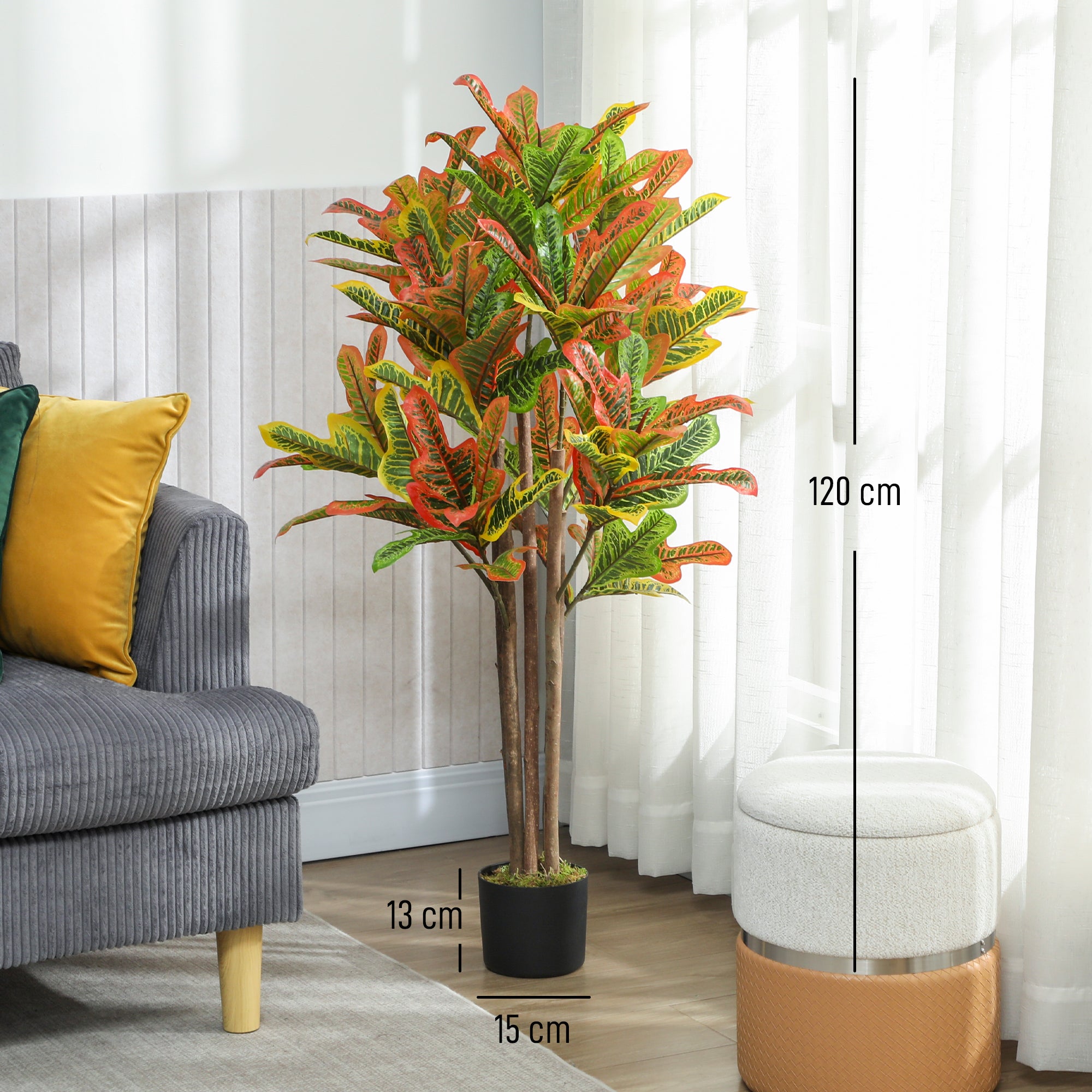 47.2 in (120 cm) Artificial Croton Plant with Real Wood Trunk and Pot — Multicolor Indoor Decorative Plant for Home, Office, Living Room