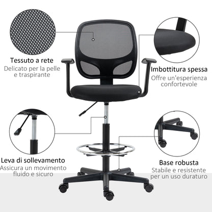 Adjustable Height Office Chair with Armrests, Swivel Wheels, and Foam-padded Seat, 60x56x110-132cm, Black