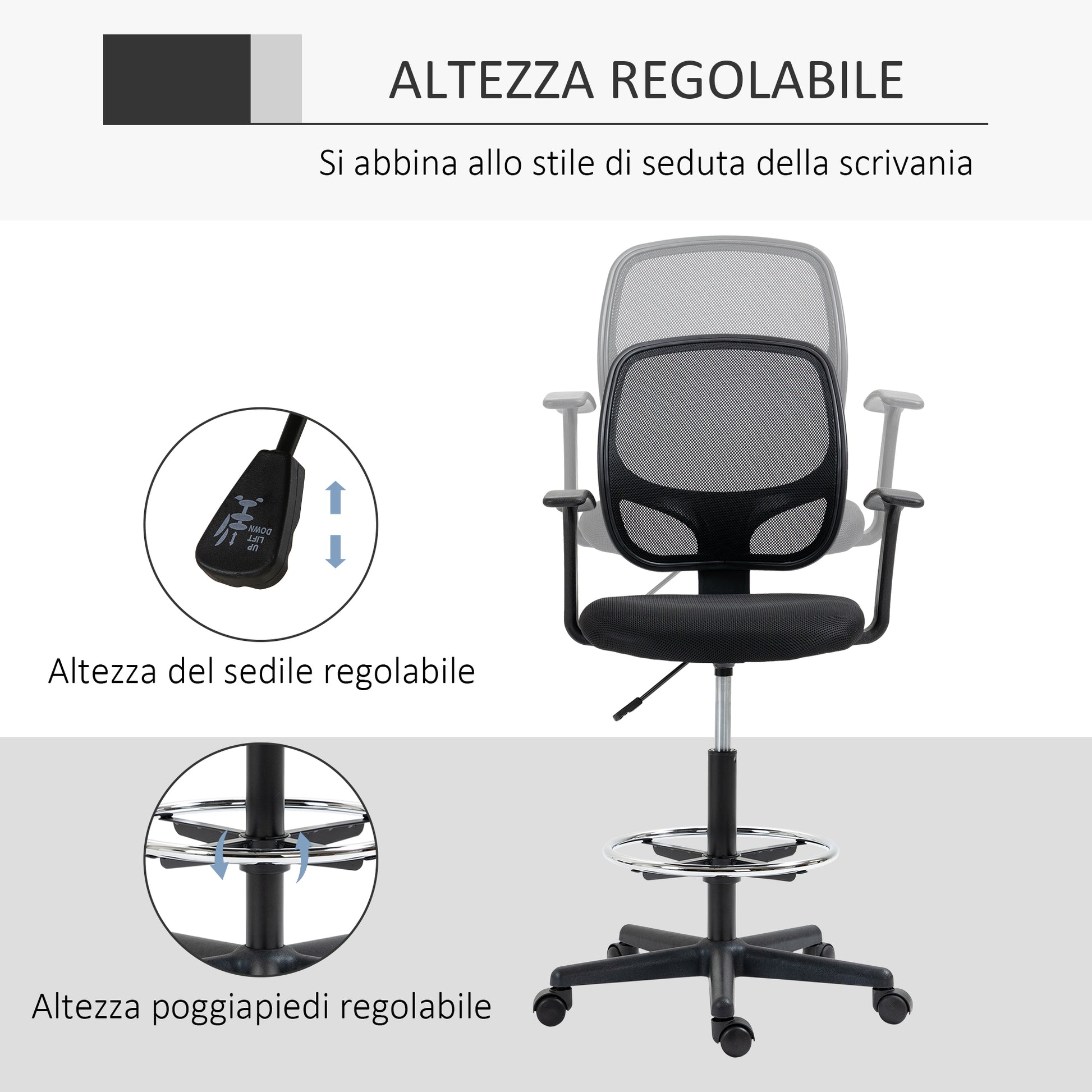 Adjustable Height Office Chair with Armrests, Swivel Wheels, and Foam-padded Seat, 60x56x110-132cm, Black