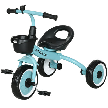 Tricycle, Kids Bike with Adjustable Seat, Balance Bike with Bike Basket, Bell, Children's Bike with Pedals, Balance Bike for Kids 2-5 Years, Metal, Blue