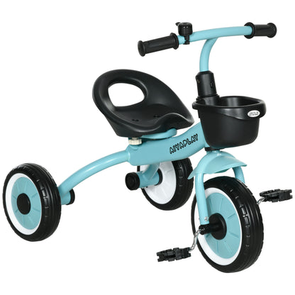 Tricycle, Kids Bike with Adjustable Seat, Balance Bike with Bike Basket, Bell, Children's Bike with Pedals, Balance Bike for Kids 2-5 Years, Metal, Blue