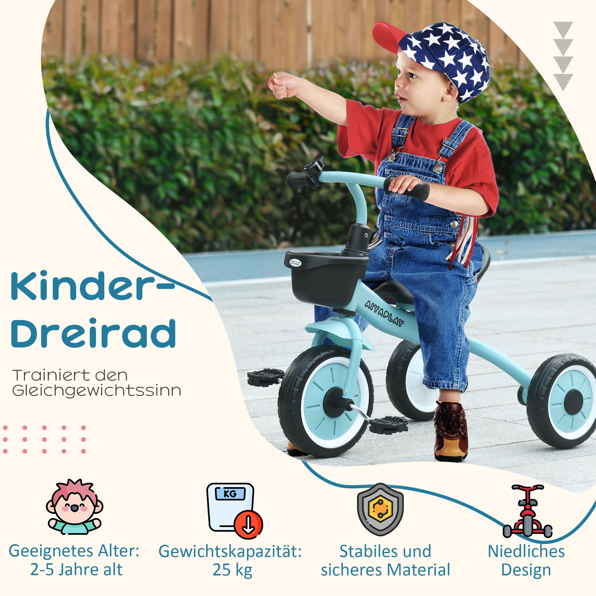Tricycle, Kids Bike with Adjustable Seat, Balance Bike with Bike Basket, Bell, Children's Bike with Pedals, Balance Bike for Kids 2-5 Years, Metal, Blue