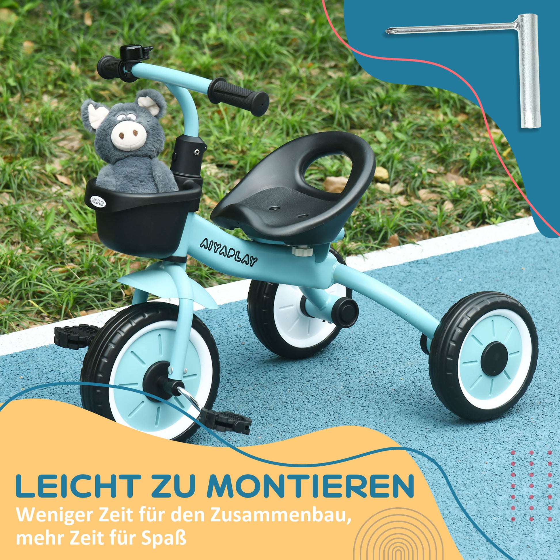 Tricycle, Kids Bike with Adjustable Seat, Balance Bike with Bike Basket, Bell, Children's Bike with Pedals, Balance Bike for Kids 2-5 Years, Metal, Blue