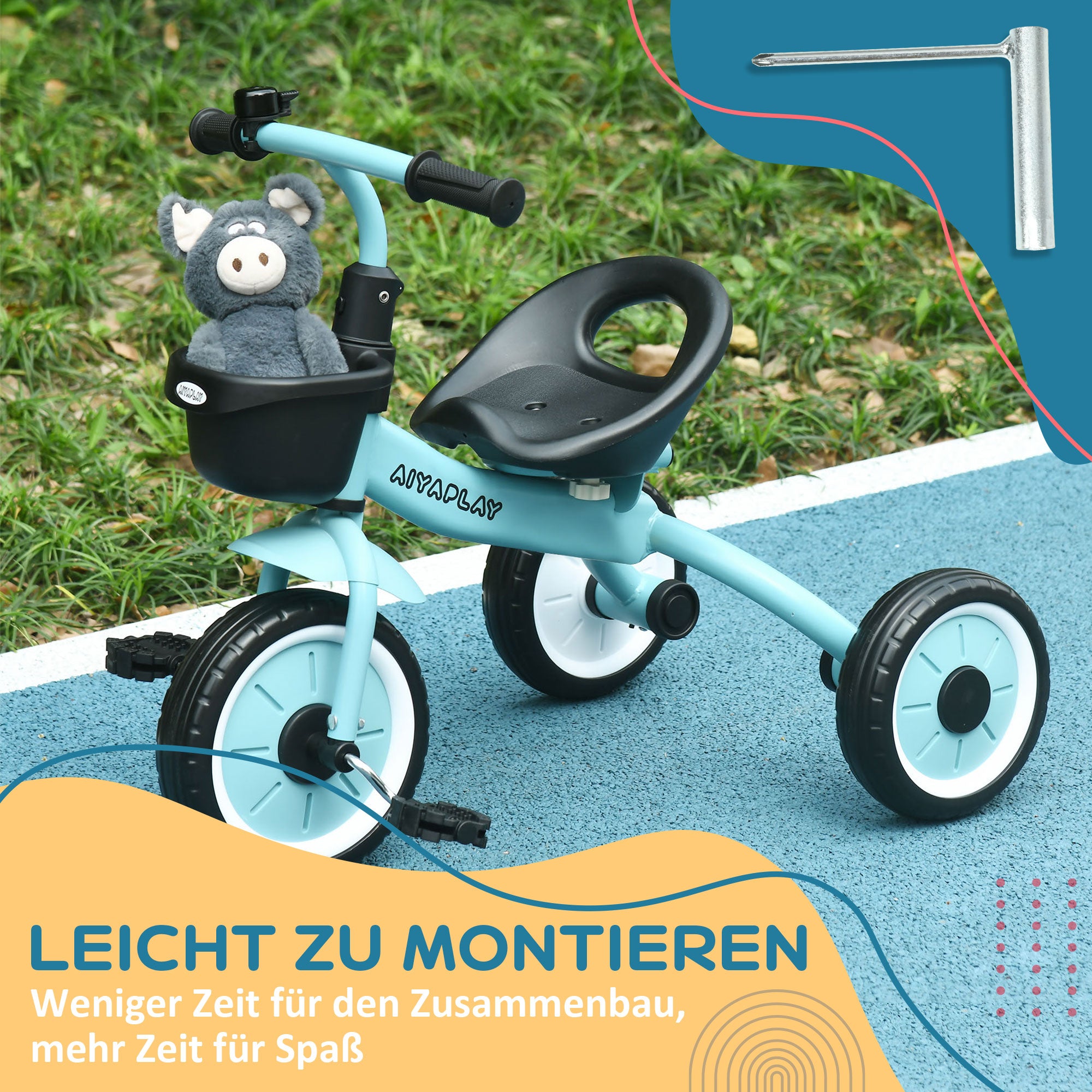 Tricycle, Kids Bike with Adjustable Seat, Balance Bike with Bike Basket, Bell, Children's Bike with Pedals, Balance Bike for Kids 2-5 Years, Metal, Blue