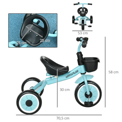 Tricycle, Kids Bike with Adjustable Seat, Balance Bike with Bike Basket, Bell, Children's Bike with Pedals, Balance Bike for Kids 2-5 Years, Metal, Blue