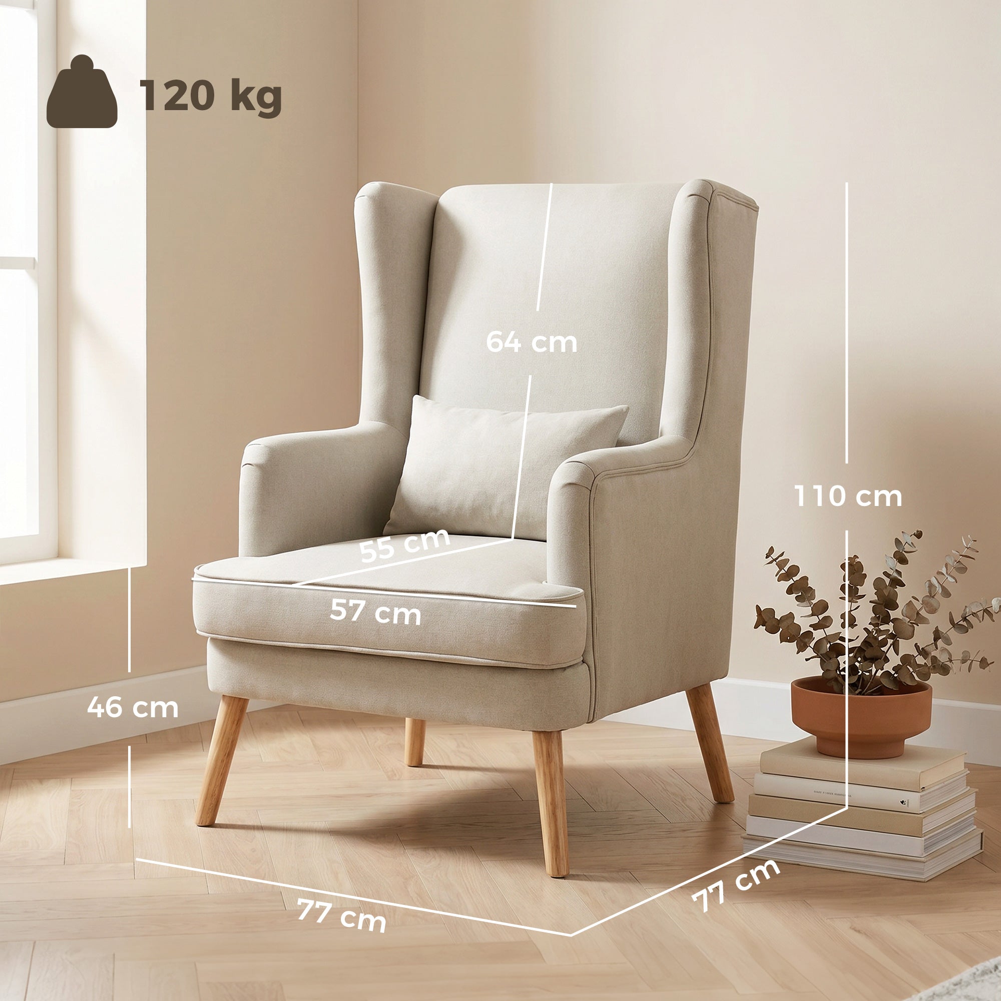 Wing Armchair with Lumbar Pillow — High-Back, Wide Seat, Linen-Look Scandinavian Lounge Chair for Living Room & Bedroom, Beige