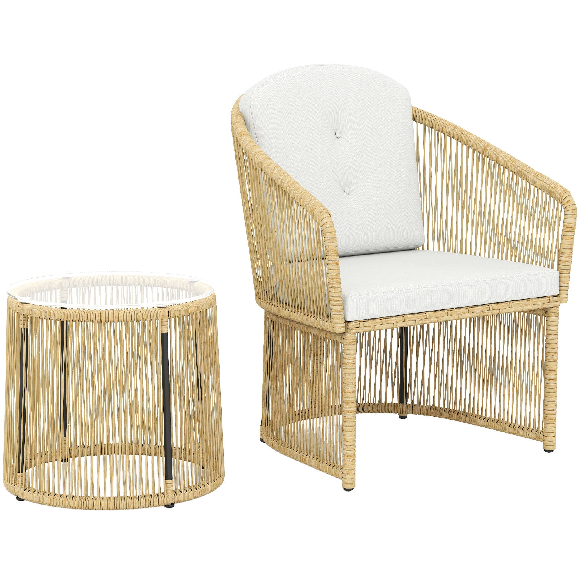 3-Piece Cream White Rattan Bistro Set — Round Glass Table & 2 Cushioned Chairs