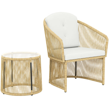 3-Piece Cream White Rattan Bistro Set — Round Glass Table & 2 Cushioned Chairs