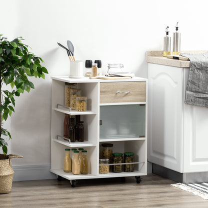 Kitchen Trolley, Service Cart, 360° Swivel Wheels, Shelves with Barriers, Central Kitchen Island, with Drawer, Shelves, Cupboard, 65 x 39 x 80 cm, White