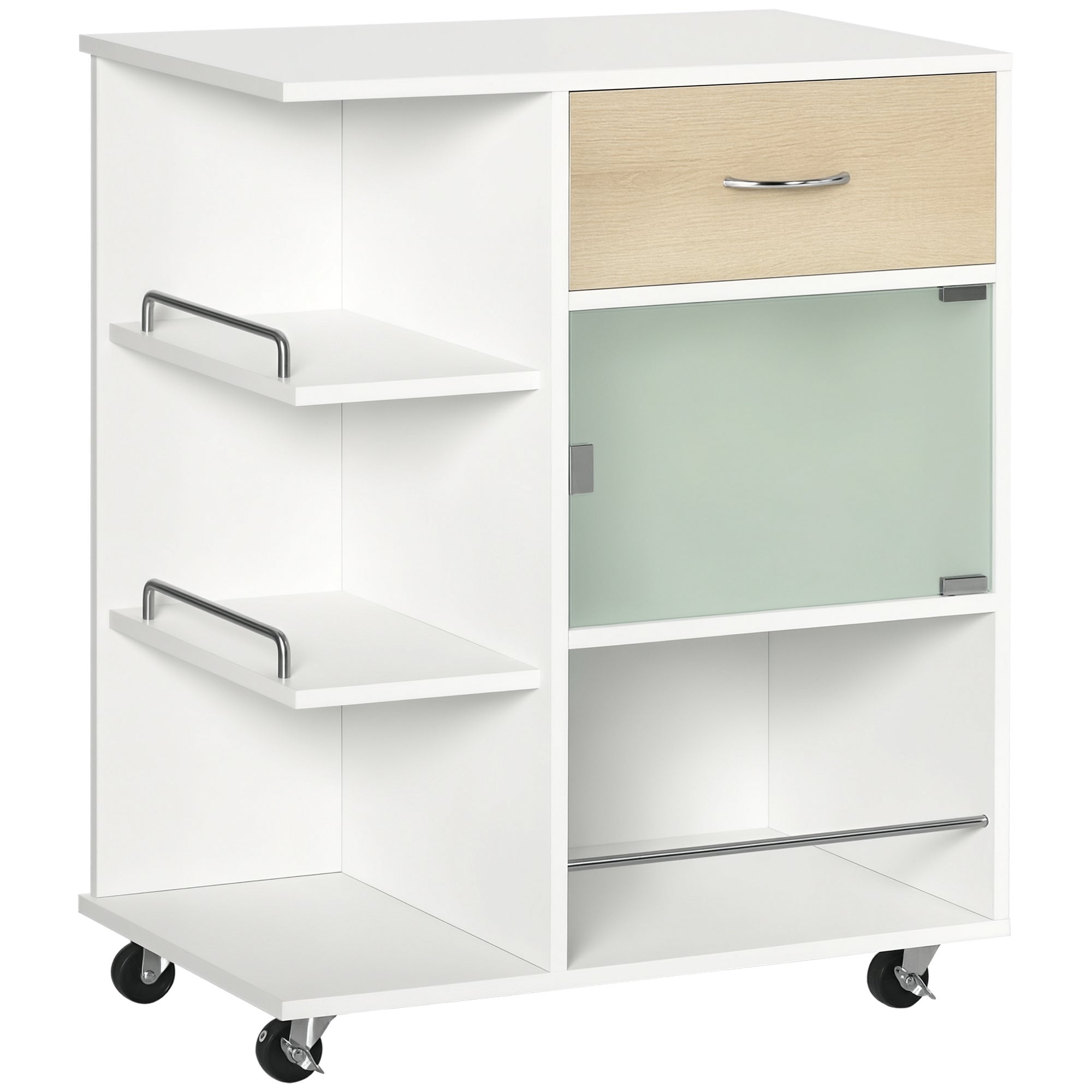 Kitchen Trolley, Service Cart, 360° Swivel Wheels, Shelves with Barriers, Central Kitchen Island, with Drawer, Shelves, Cupboard, 65 x 39 x 80 cm, White