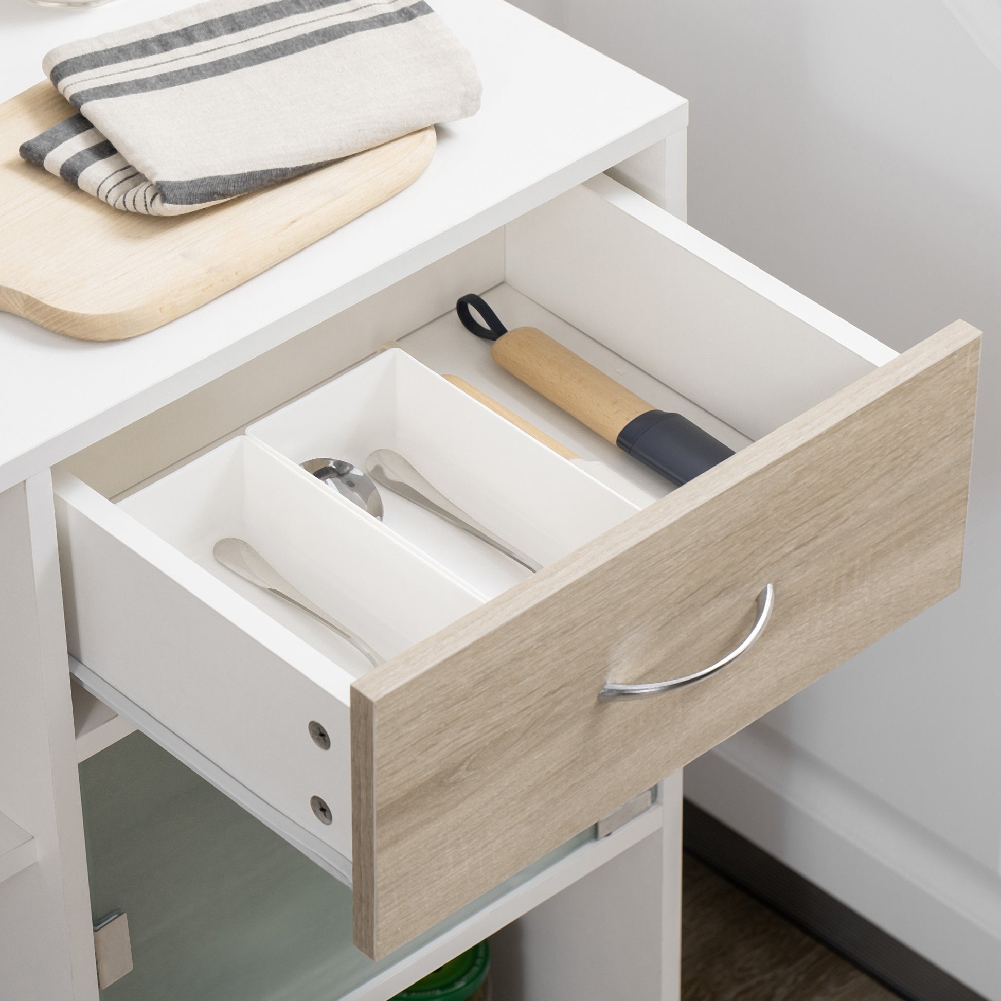 Kitchen Trolley, Service Cart, 360° Swivel Wheels, Shelves with Barriers, Central Kitchen Island, with Drawer, Shelves, Cupboard, 65 x 39 x 80 cm, White