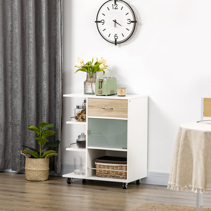 Kitchen Trolley, Service Cart, 360° Swivel Wheels, Shelves with Barriers, Central Kitchen Island, with Drawer, Shelves, Cupboard, 65 x 39 x 80 cm, White