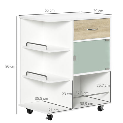 Kitchen Trolley, Service Cart, 360° Swivel Wheels, Shelves with Barriers, Central Kitchen Island, with Drawer, Shelves, Cupboard, 65 x 39 x 80 cm, White
